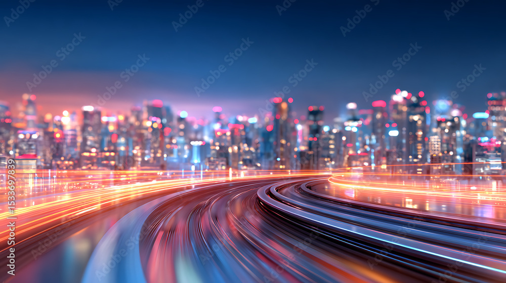 Aufkleber 3d rendering of warp speed in hyper loop with blur light from buildings' lights in mega city at nigh