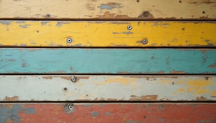 Rustic horizontal wooden planks with colorful painted texture. Weathered, aged, peeling paint in various colors yellow, teal, red, white. Perfect background material for design, shabby chic decor,