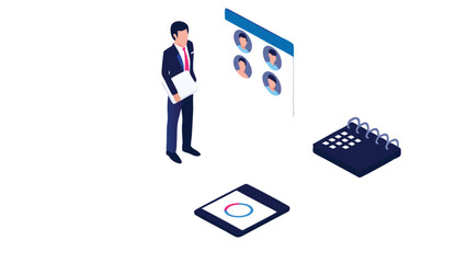 Isometric view of a man in a suit with a calendar, tablet, and a screen showing profile icons