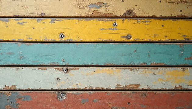 Rustic horizontal wooden planks with colorful painted texture. Weathered, aged, peeling paint in various colors yellow, teal, red, white. Perfect background material for design, shabby chic decor,