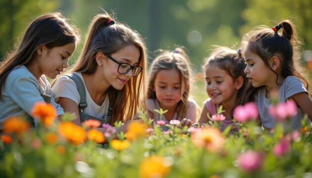 Young woman guides children in outdoor learning environment surrounded by flowers. Girls explore nature, learn together in garden during summer vacation. Education, youth, knowledge, fun.