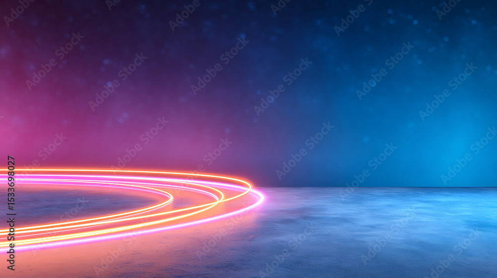 Poster 3d rendering of abstract curve neon light with reflection from puddles on grunge surface floor. for 