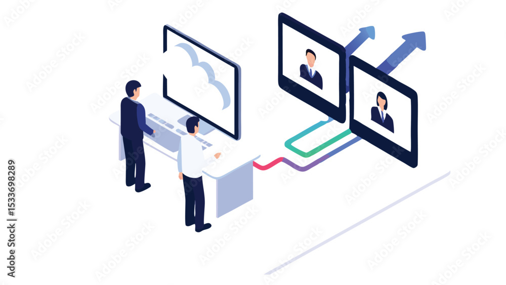 Poster isometric view of two people interacting with computers and video conferencing screens online now to