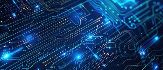 Obraz premium Blue vector background with digital technology and circuit board elements for banner design, tech illustration, web layout
