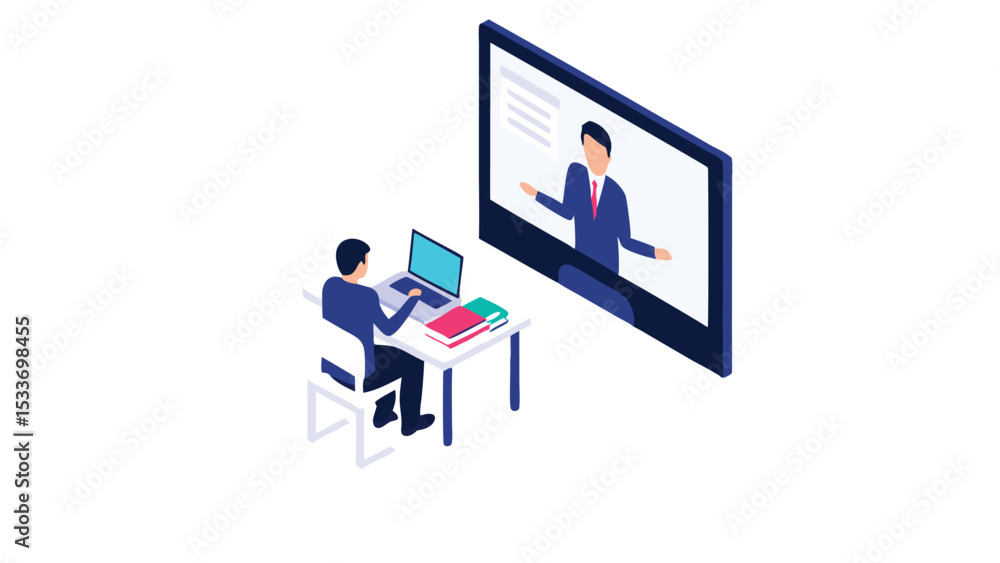 Poster person attending an online meeting with a presenter on a large screen and working on a laptop comput