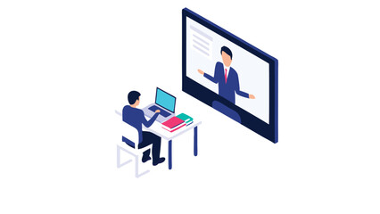 Person attending an online meeting with a presenter on a large screen and working on a laptop computer