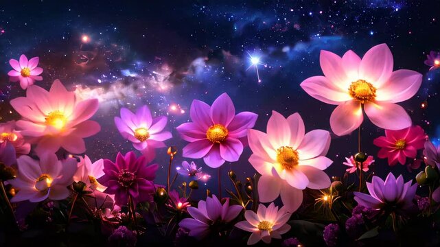 Purple flowers in a field with a starr sky in the background