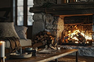 high quality picture of A cozy living room with a fireplace and a stack of firewood next to it
