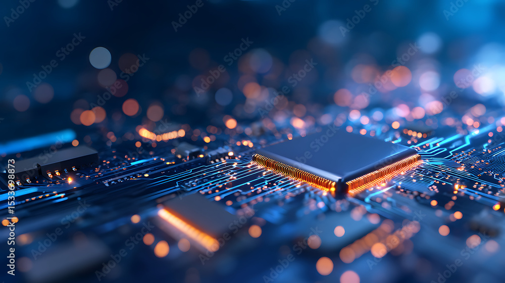 Fototapete abstract blue glowing circuit board background with copy space at center for your text logo or produ