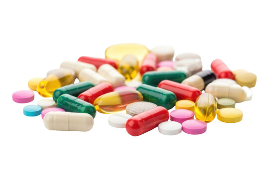Assorted colorful pills and capsules on white background transparent PNG - Powered by Adobe