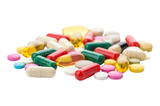 Assorted colorful pills and capsules on white background transparent PNG