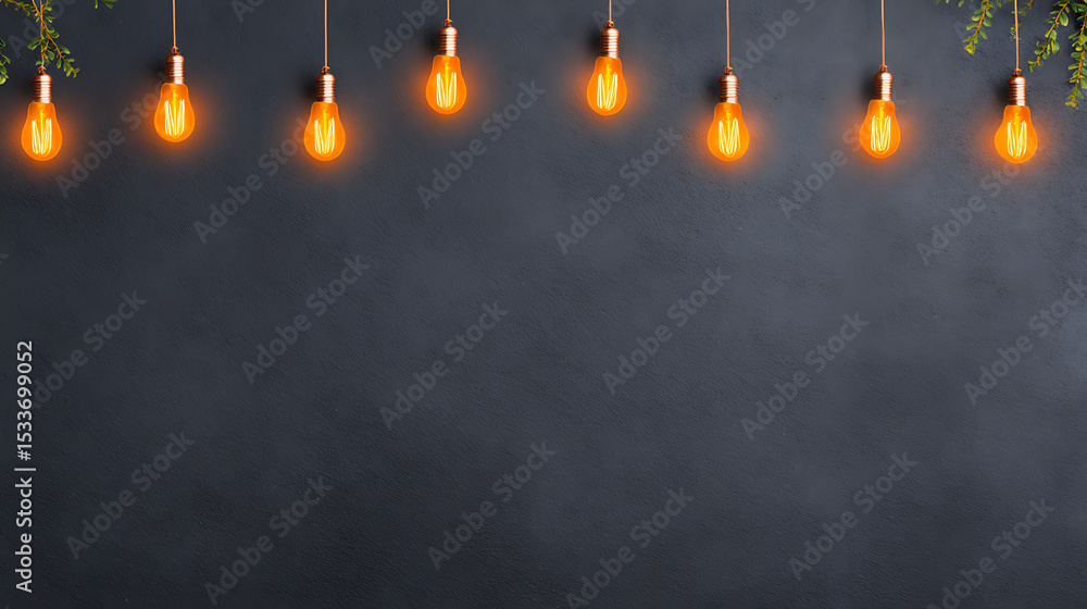 Poster 3d rendering of dark grunge background with glowing light bulbs on top and bottom as frame. for prod