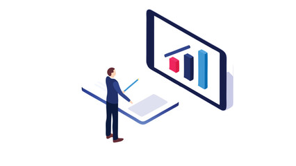 Isometric illustration of a man presenting a bar chart on a large phone screen with a pointer stick