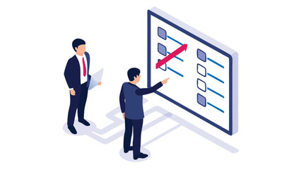 Two businessmen reviewing a checklist with a red arrow indicating progress on a large screen