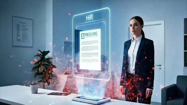 A professional woman stands attentively near a futuristic HR screen with a resume, symbolizing innovation