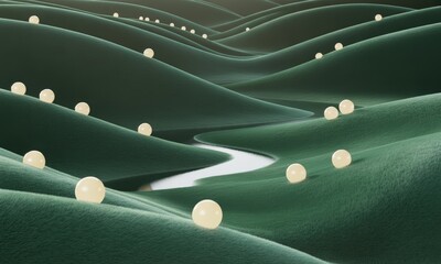 Green Hills and Glowing Orb Abstract Landscape