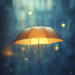 Shelter from the Storm: A luminous umbrella shields from a refreshing rain, offering a sanctuary of warmth and light amidst a cool, ethereal downpour.