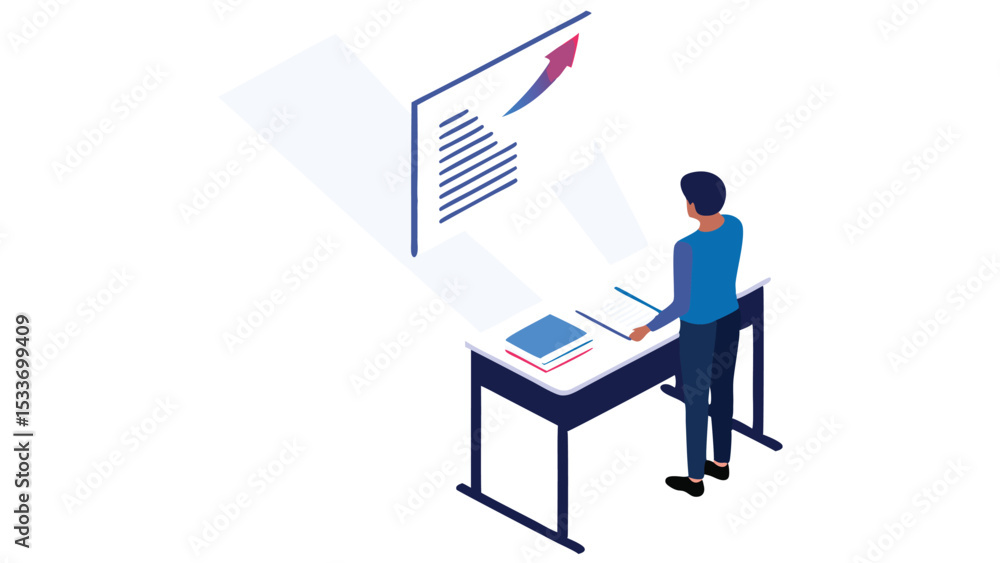 Aufkleber isometric view of a man standing at a desk with books and a chart showing upward growth arrow