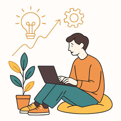 vector of a male businessman checking the progress of his business on a laptop while sitting relaxed