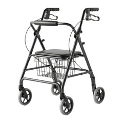 Black mobility walker with seat and basket for elderly support transparent PNG
