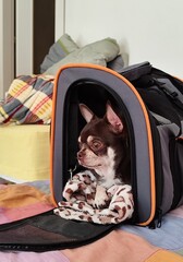 Cute Chihuahua puppy in a suitcase on a bed