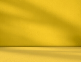 Yellow background wall gradient orange color studio room solid podium with shadow leaf on floor, backdrop summer tropical autumn season, stage template platform for presentation product promotion