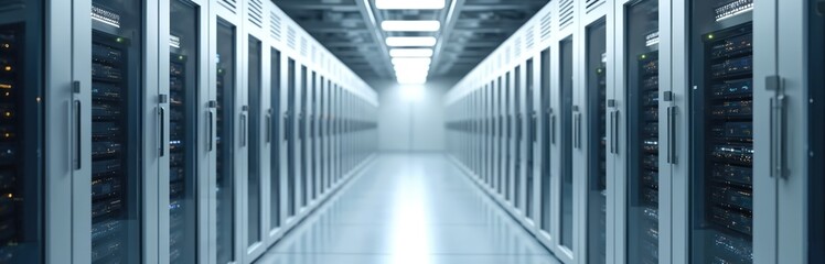 Data center with advanced storage backup solutions. High-tech infrastructure with servers, data transfer, redundancy. Enterprise computing, security, efficiency, replication, encryption, compliance.