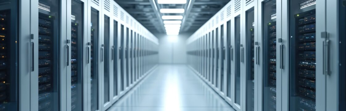 Data center with advanced storage backup solutions. High-tech infrastructure with servers, data transfer, redundancy. Enterprise computing, security, efficiency, replication, encryption, compliance.