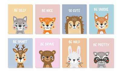 Forest animals isolated, cute animals, kids posters, cartoon, cards for kids