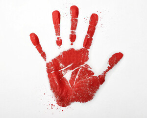 Red handprint on white background detailed image