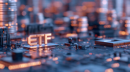 3D Rendering of Exchange Traded Fund (ETF) text and Bitcoin (BTC) on glowing abstract led data and circuit diagram. For crypto currency market token exchange promoting news topic headline. 91711385 1