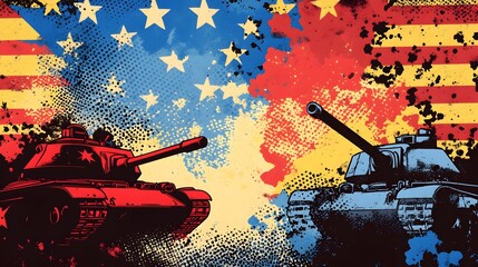 Pop art comic-style illustration of tanks in battle with stars and colorful explosion background