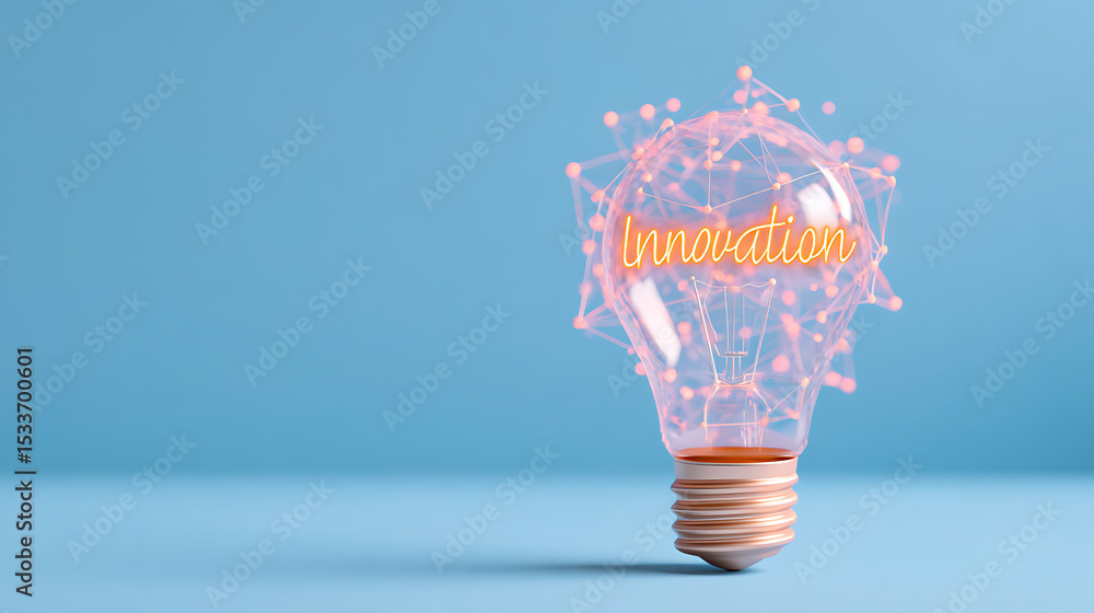 Poster 3d rendering of glowing innovation text in light bulb with glowing dots and lines surrounding. conce