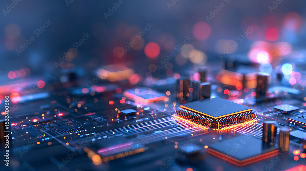 Aufkleber 3d rendering of abstract circuit pcb board with glowing led blue color. concept for technology backg