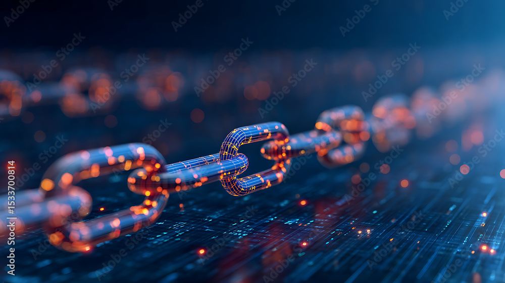 Poster 3d rendering of metal chains with digital data in glowing blue and orange color on dark background. 