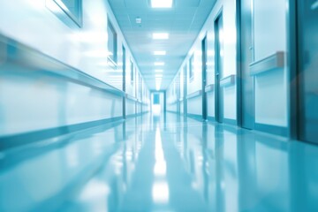 Blurred background of a hospital corridor with panoramic windows and lights. Abstract medical backdrop for design or copy space.