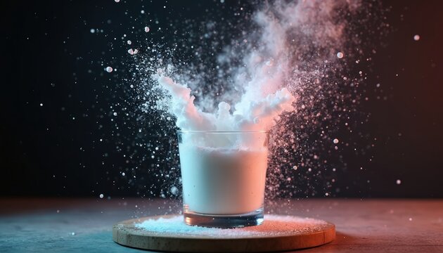 Dynamic chemical reaction of baking soda vinegar mix in glass. Foamy explosion against dark background. Bubbles, foam, fizz, effervescence create captivating visual. Experiment, science, education.