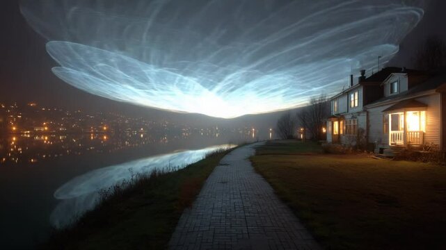 Noctilucent Clouds Over City at Night, Nature's Light Show over Lakeside Neighborhood