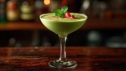 Vibrant green cocktail in a martini glass, garnished with mint and strawberries