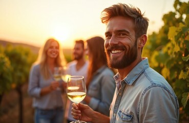 Happy friends enjoy wine tasting in vineyard at sunset. Smiling people celebrate, drink alcohol, have fun on vacation. Summer evening, gold light, wine glasses, stylish clothes, warm day.