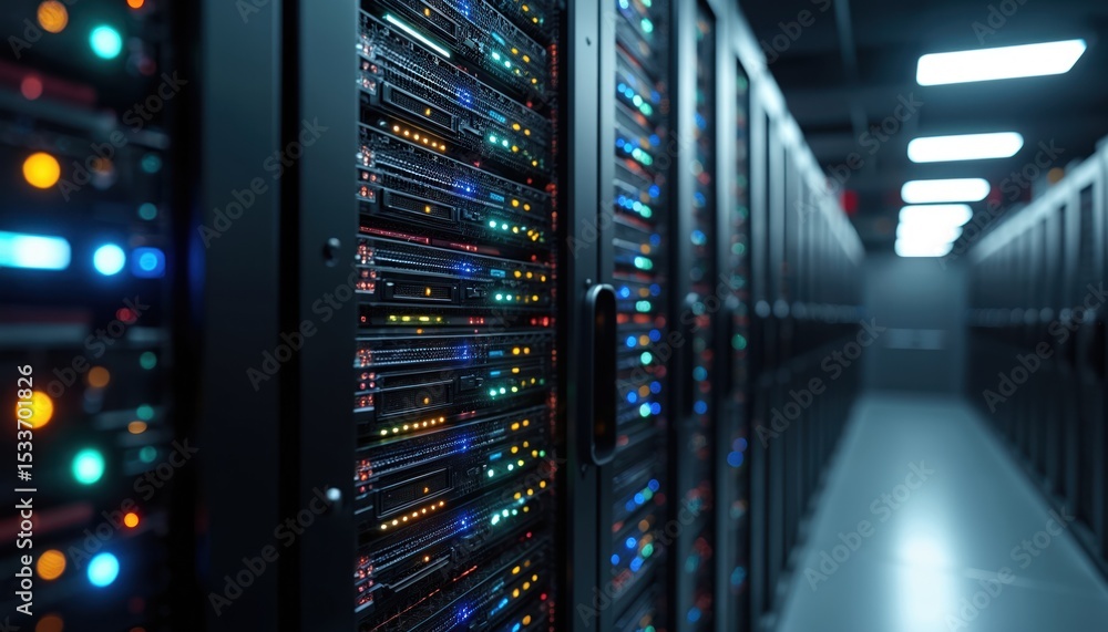 Poster data center server room with rack servers. network hardware tech hub, modern digital infrastructure,