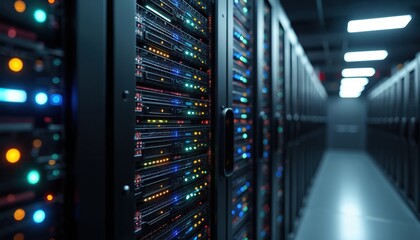 Data center server room with rack servers. Network hardware tech hub, modern digital infrastructure, data storage, cloud computing technology. Security, connectivity, data management for business