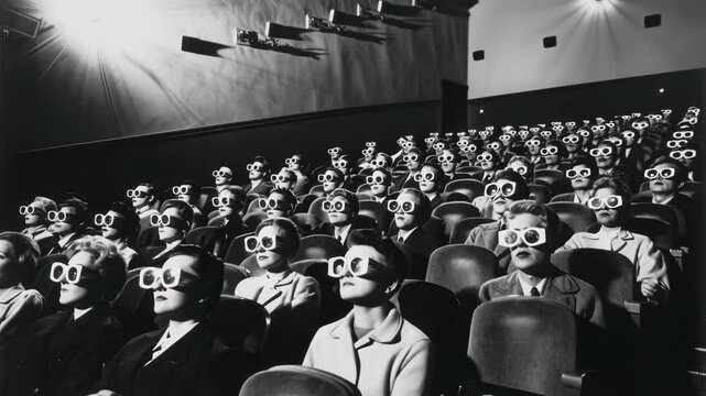 Black and white photo of an audience wearing 3D glasses in a theater, captured from a high angle, evoking a vintage video experience. Live desktop wallpaper.
