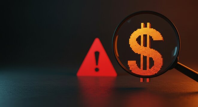 Magnifying glass over digital dollar symbol, red warning triangle in background, gradient from charcoal to orange