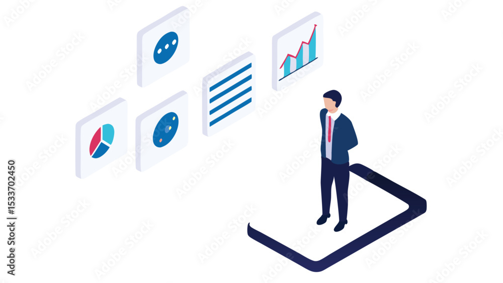 Poster isometric businessman standing on a tablet looking at data charts and graphs on floating screens aro