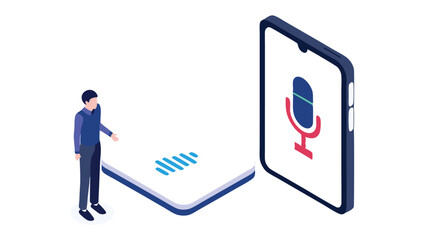 Isometric illustration of a man standing near a phone with a microphone icon and sound waves shown
