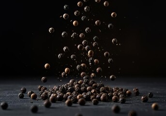 Falling black peppercorns against a dark background creating a dramatic and culinary image effect