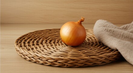 A single onion resting on a woven mat with a cloth on a wooden surface in a simple still life