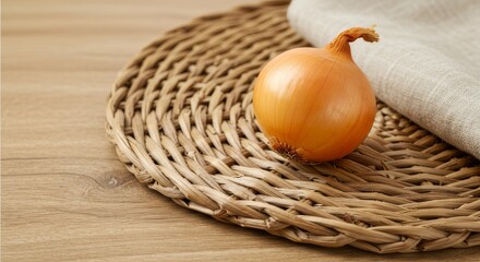 Close up of an onion on a woven placemat with a folded light gray cloth on a wooden surface