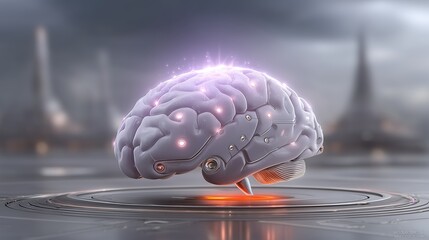 Futuristic robotic brain glowing with light on a technological platform advanced artificial intelligence concept